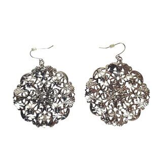 Vintage Silver Filigree Dangle Earrings Floral Lace Boho Jewelry